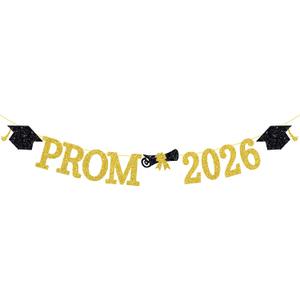 2 x Prom 2026 Banner, Prom Decorations 2026, Class of 2026 Graduation Party Supplies, Black Gold Glitter Proms Night Banner for High School Dance Photo Booth Wall Decor