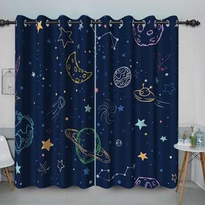 Baocicco Navy Blue Space Curtains for Boys Room - Cartoon Stars Planets Galaxy Theme for Kids Bedroom - Outer Space Drapes With Grommet - Nursery Decor 2 Panels 26x63 Inch