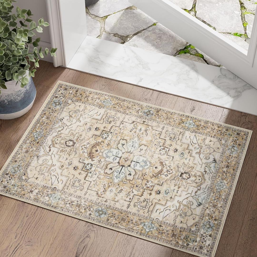Jinchan Area Rug 2x3 Vintage Entryway Rug Washable Boho Indoor Doormat Floral Small Non Slip Retro Accent Soft Mat Tribal Distressed Carpet for Kitchen Bathroom Bedroom Taupe