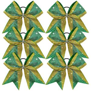 DEEKA 6PCS 8" Large Glitter Green and Gold Cheer Bows Two Toned Rhinestones Stiff Cheer Hair Bows Elastic Band Competition Bows for Cheerleader Team Girls Sports -Green/Gold (1 Count (Pack of 6))