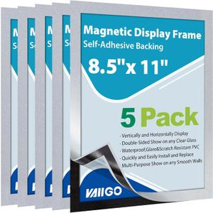 5Packs Magnetic Sign Holder 8.5 x 11, Self Adhesive Display Picture Frame with Magnetic Frame and Clear PVC for Office Store Home Door Window Refrige Magnetic Paper Holder, Silver