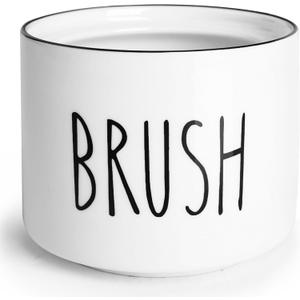 ONTUBE Ceramic Dish Brush Holder, Farmhouse Scrub Brush Holder Dishwashing Brush Stand, Soap Dispensing Kitchen Brushes Holder (White)