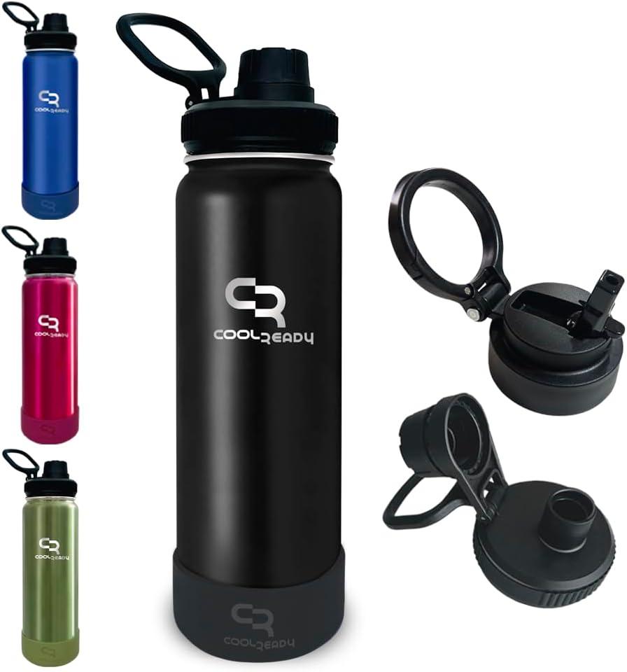 24 oz Black Insulated Water Bottle with Straw & Spout Lids  Slim Stainless Steel Thermo Flask, Cup Holder Friendly Design, Double Wall Cold 24 H Hot 12 H + Silicone Boot for Travel & Gym