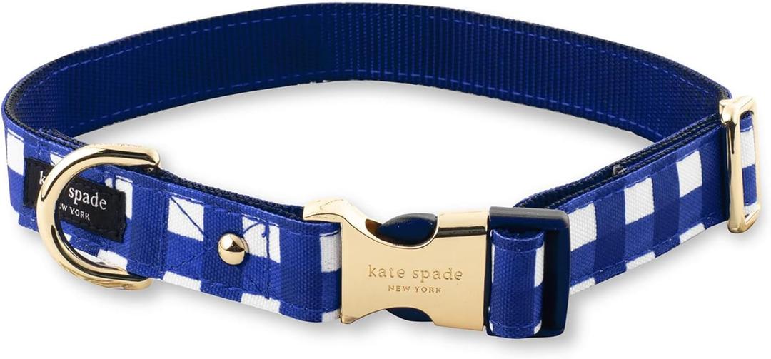 kate spade new york Cute Dog Collar with Gold Metal Details & Plastic Buckle, 15 to 22 Adjustable Dog Collar for Female or Male Dogs, Medium/Large, Navy Gingham