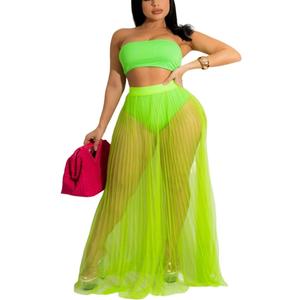 Women's Sexy See Through Mesh Bandeau Skirt with Shorts 2 Pieces Set Dress (Neon Green)