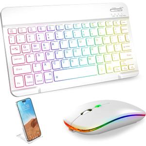 Bluetooth Keyboard & Mouse Combo for iPad - Rechargeable RGB Wireless Set with 7-Color Backlit, Compatible with iPad 10th/9th/8th Gen, iPad Pro/Air/Mini (White).