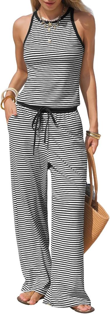 EXLURA Womens Cotton Summer 2 Piece Outfits Striped Halter Tops Matching Wide Leg Pant Sets Lounge Tracksuits Vacation Travel (S)