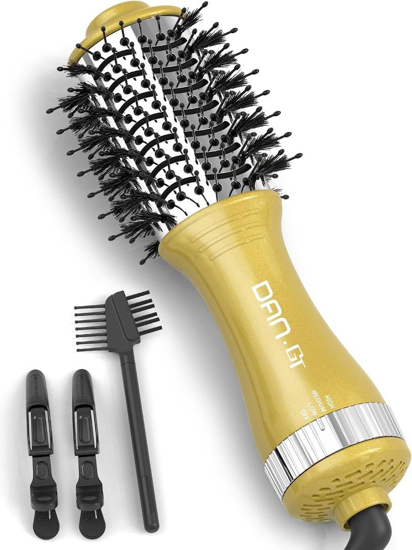 DAN Technology 2-in-1 Dual Voltage Hot Air Brush, Less Frizz & More Shine with Reduced Heat Damage, 2 Inch Oval Travel Blow Dryer Brush for Root Lift & Smooth Blowout