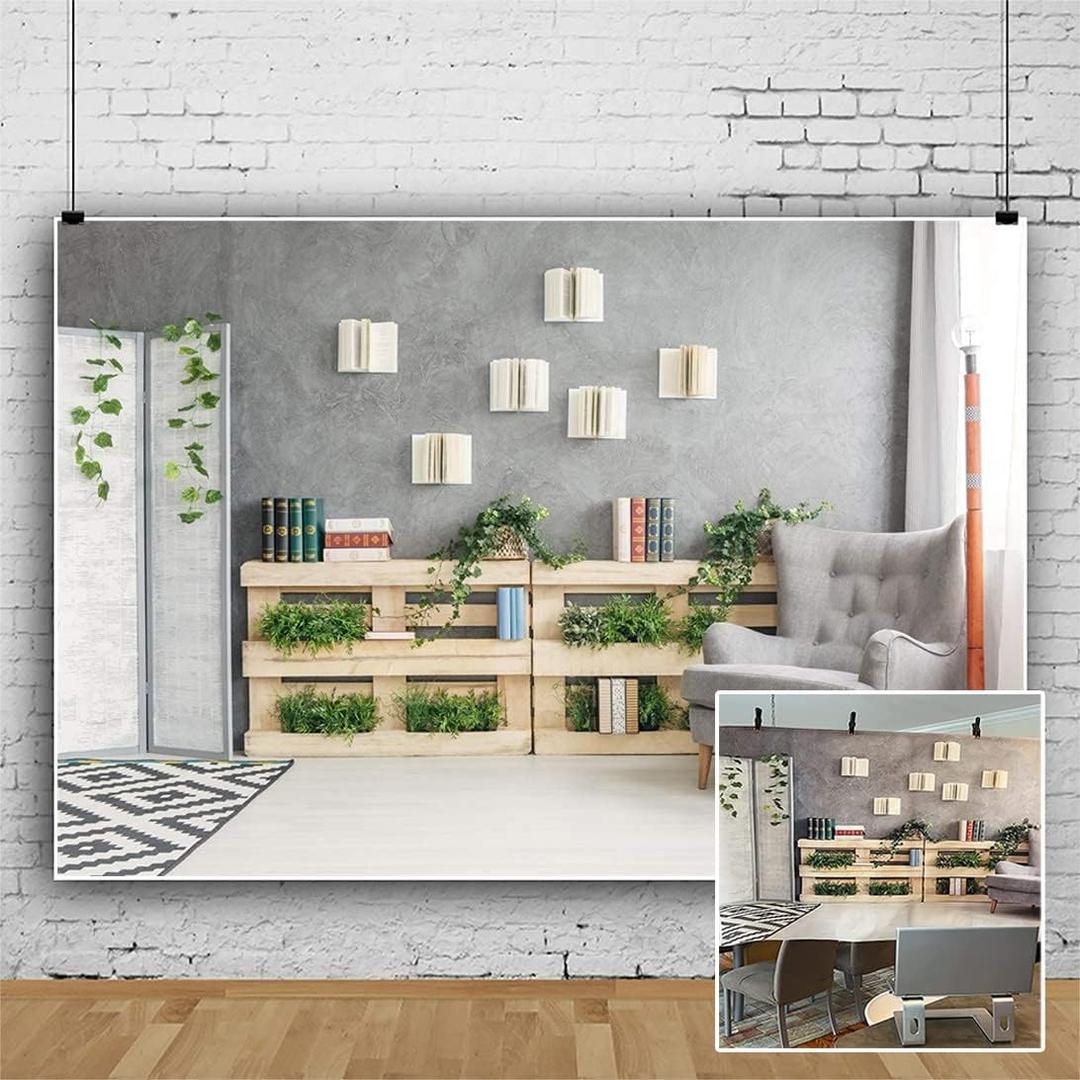 YongFoto 5x3ft Interior Room Backdrop for Photography Wooden Bookshelf Green Plants Screen Armchair Grey Lounge Background Modern Home Banner Decor Live Video Portrait Photo Studio Props