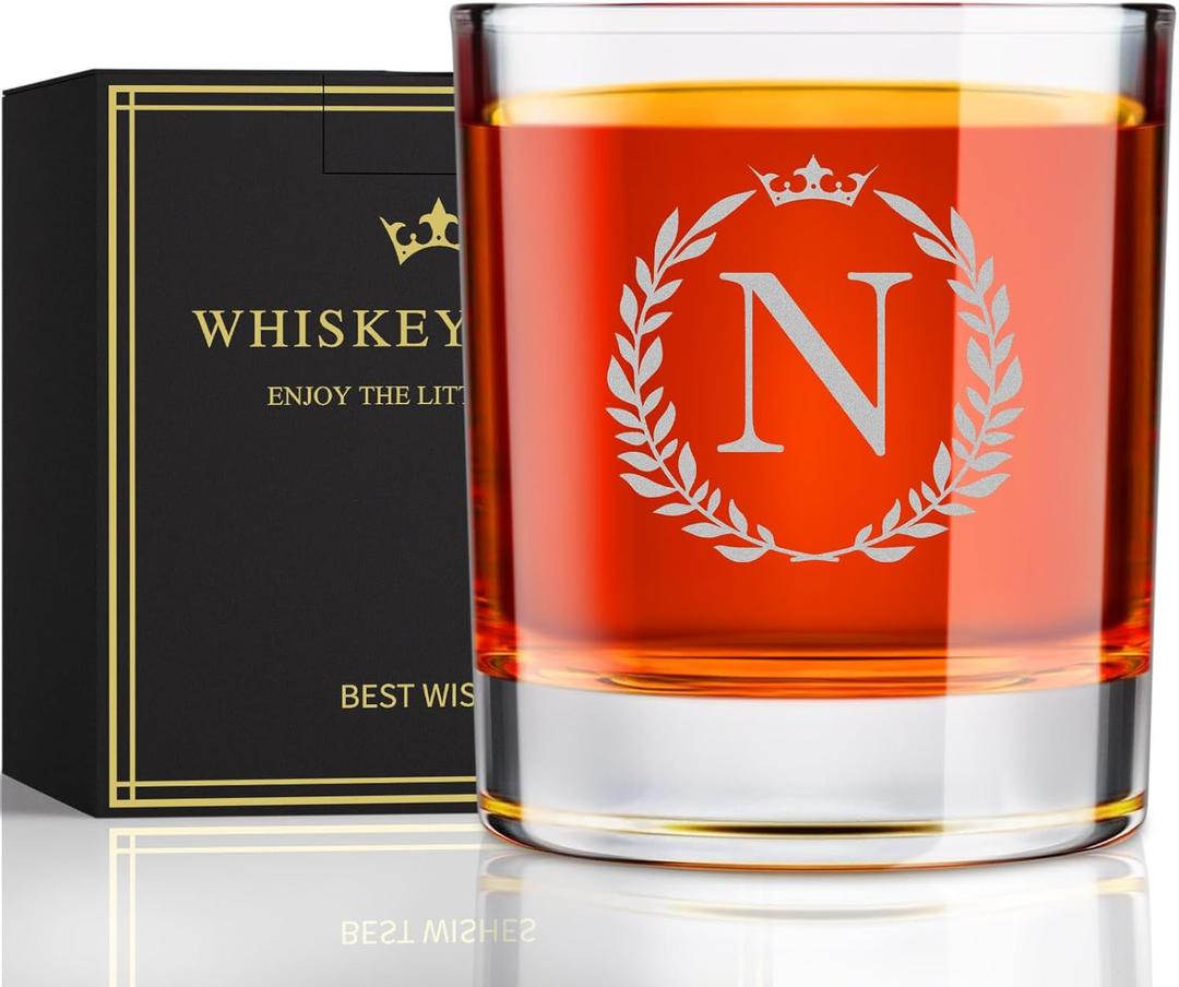 Astonlink Personalized Whiskey Glasses Gifts for Men, Monogrammed Engraved A-Z 10.6 oz Rocks Glass Customized Gift, Unique Fathers Day Birthday Gifts for Men Him Dad Husband Brother Son (N)