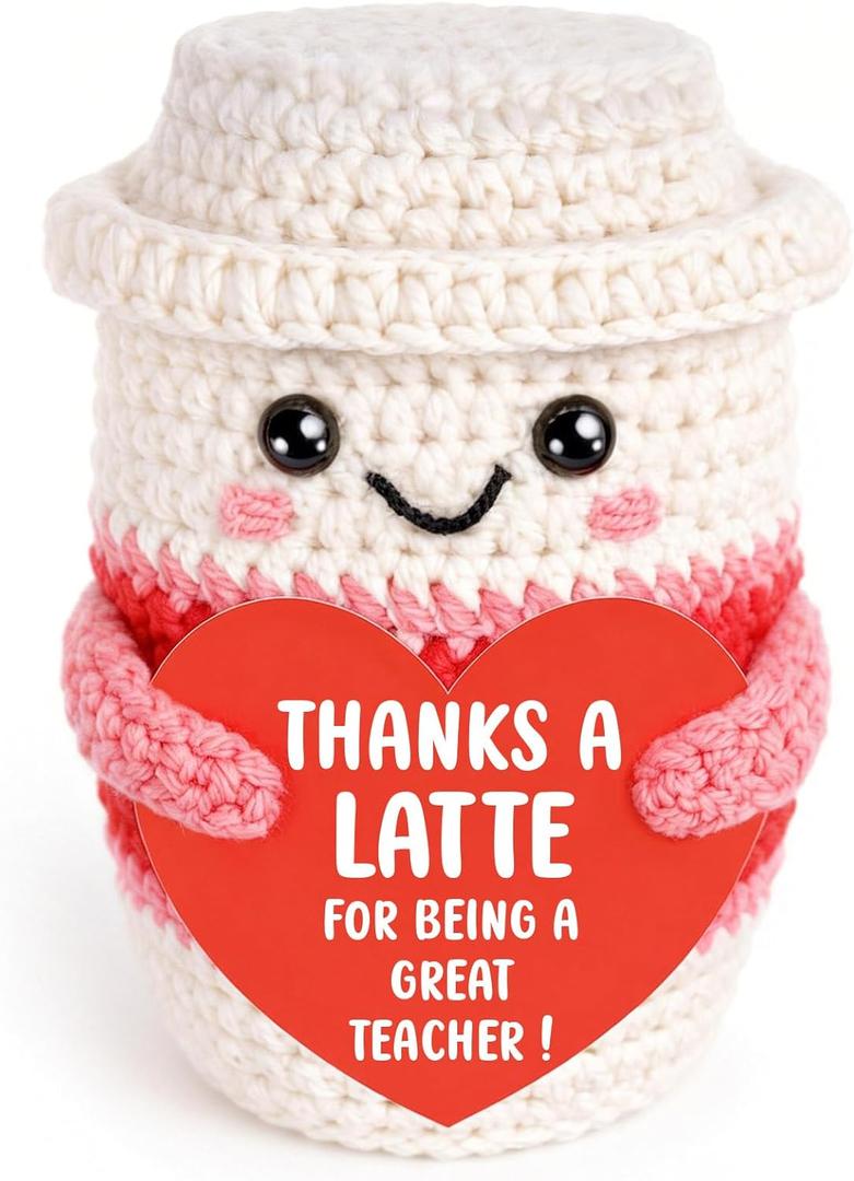 Teacher Appreciation Gifts for Women Teachers, Handmade Crochet Latte Figure with Thanks A Latte for Being a Great Teacher Message Sign, End of Year Thank You & Retirement Gift from Students