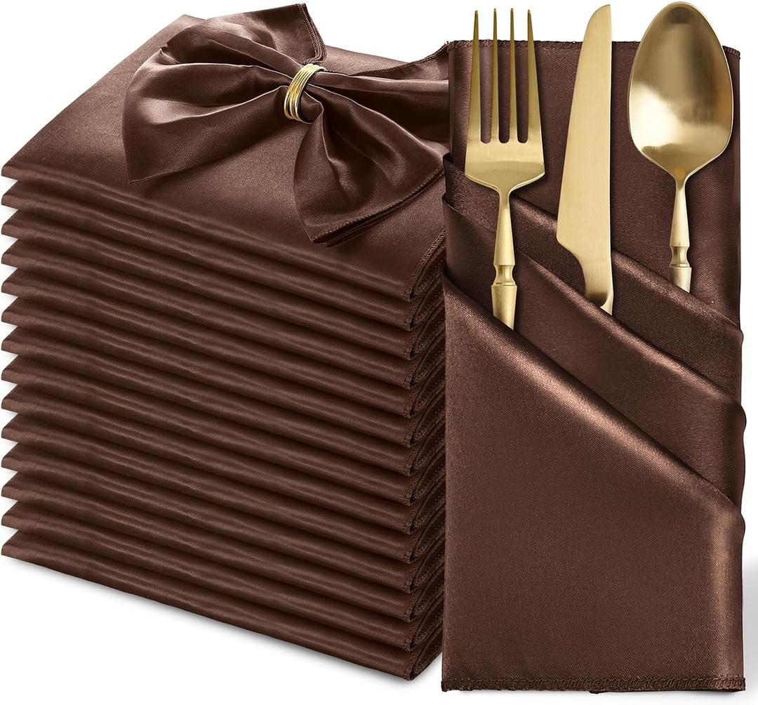 MILVOWOC 12 Pack Square Chocolate Brown Satin Napkins 20 x 20 Inch Soft Silk Dinner Napkins Smooth Decorative Table Napkins, Silky Cloth Napkins for Weddings Dinner Restaurant Party Decoration