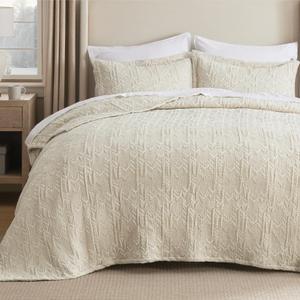 Bedsure Cotton Linen King Quilt Bedding Set - Lightweight Linen Comforter for Summer, Reversible Cotton Bedspread with 2 Pillow Shams (Beige, 106" x 96")