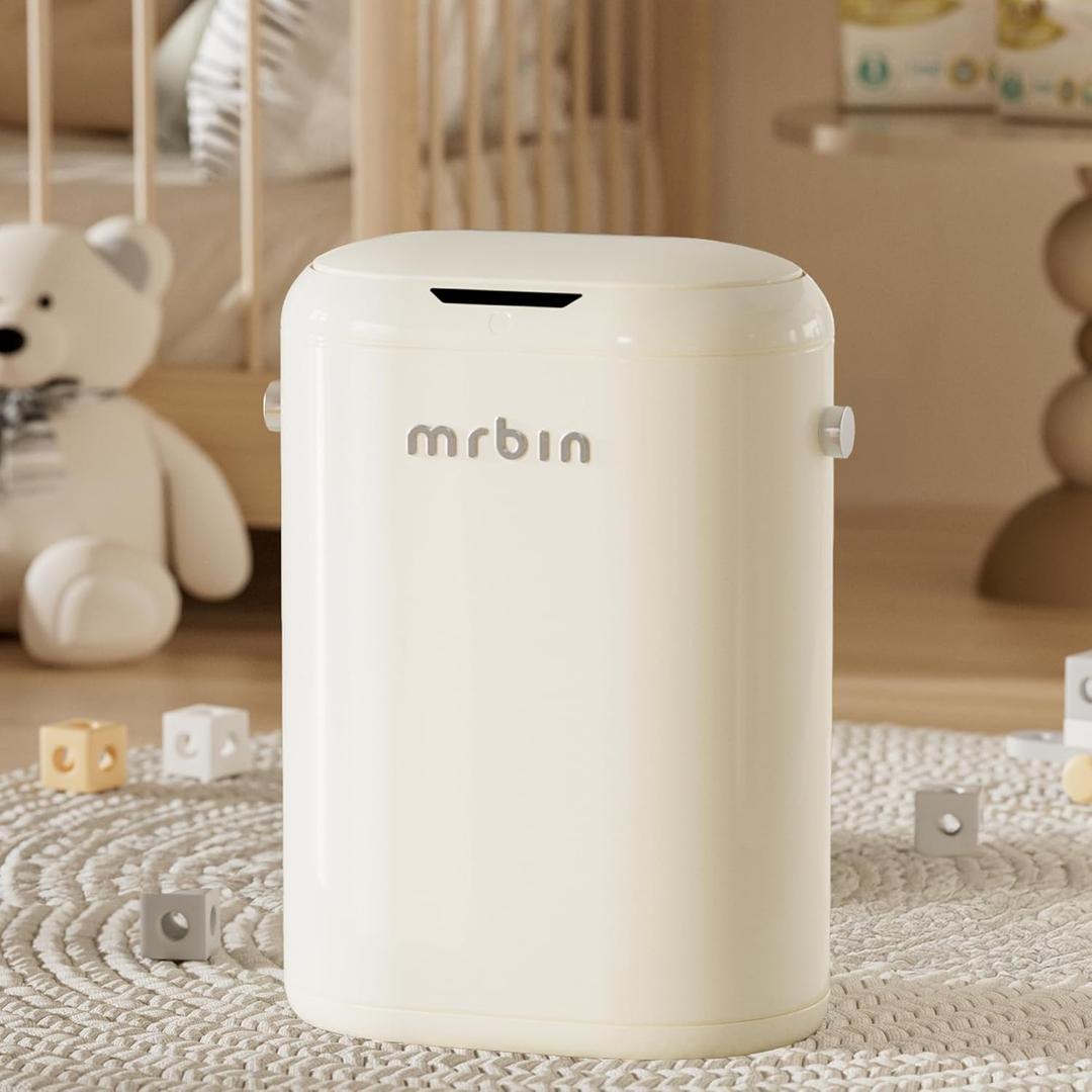 MRBIN Metal Motion Sensor Adsorption Diaper Pail Refills with Lid, 4.8gal / 18L Slim Covered Touchless Baby Adult Trash Can, Pet Litter Garbage Bucket for Nursery Bedside, Bathroom, Toilet, White