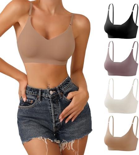DEANGELMON V Neck Bra Padded Seamless Adjustable Straps Bralettes Everyday Basic Sleeping Bras Multiple Pack L