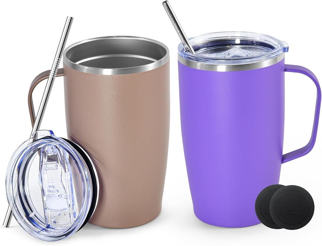 16oz Coffee Mug with Handle, 2Pack Insulated Coffee Tumblers with Lid and Straw, Double Wall Vacuum Travel Coffee Mug with Handle for Coffee Tea Milk Fruit Juice, Purple&Moca