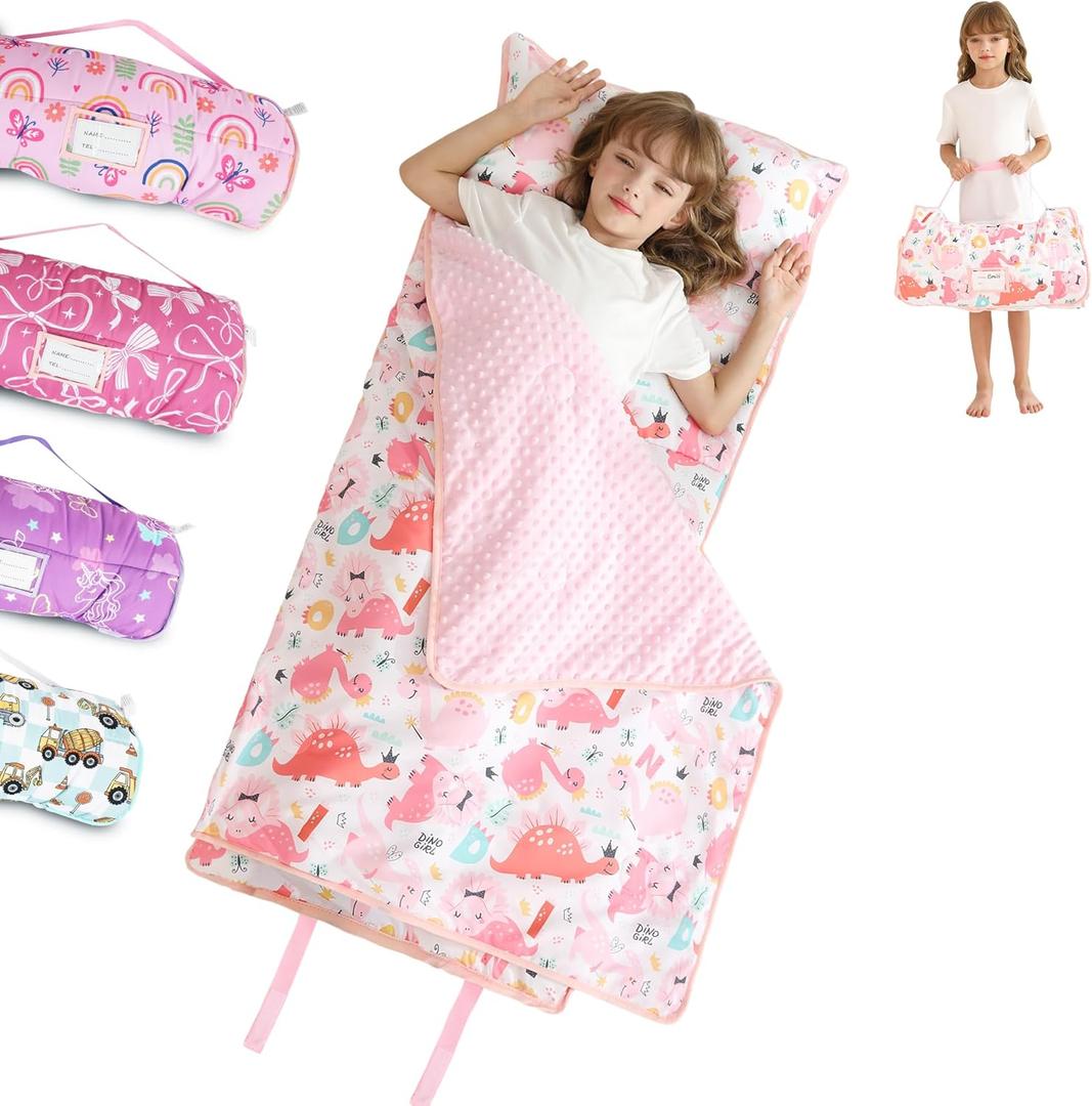 Toddler Nap Mat for Preschool 50''x30'' Sleeping Mat with Removable Pillow and Minky Blanket for Kids Ages 3-7 Roll Up Soft Sleeping Bag for Boys Girls Kindergarten Daycare Sleepover (Pink Dinosaur)