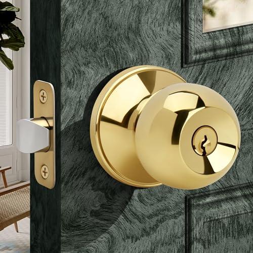Moquin Gold Keyed Entry Door Knob with Lock and Key, Interior and Exterior Locking Round Ball Knob for Front Door or Bedroom, Polished Brass