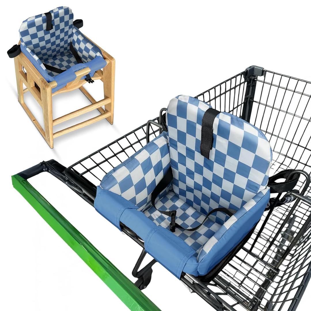 Shopping Cart Seat Cover for Baby, High Chair & Grocery Seat Protector, Padded Chair Covers for Restaurant Seats, Unisex Machine Washable Grocery Cart Liner & Swing Insert Blue Checkered