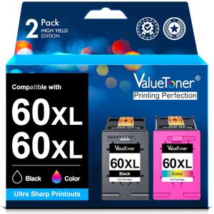 60XL Ink Cartridge for HP Printers Remanufactured for HP 60 Ink Cartridge Combo Pack Color and Black for HP Ink 60 for PhotoSmart D110 C4780 C4680 Deskjet D2680 F2430 Envy 110 120 Series (2 Pack)