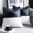DEZENE Faux Leather with 100% Cotton Decorative Throw Pillow Covers for Couch Bed Sofa, Set of 2 18 x 18 inch Modern Home Decor Accent Square Bedroom Living Room Cushion Cases Cognac, Black and White