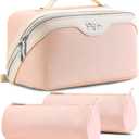 BOYATU Travel Makeup Bag Organizer Cosmetic Bag: 3 Pcs Set Make up Bags for Women with Handle - Waterproof Vegan Leather Toiletry Bags Travel Essentials Pouch with Compartments (A-09-Pink)