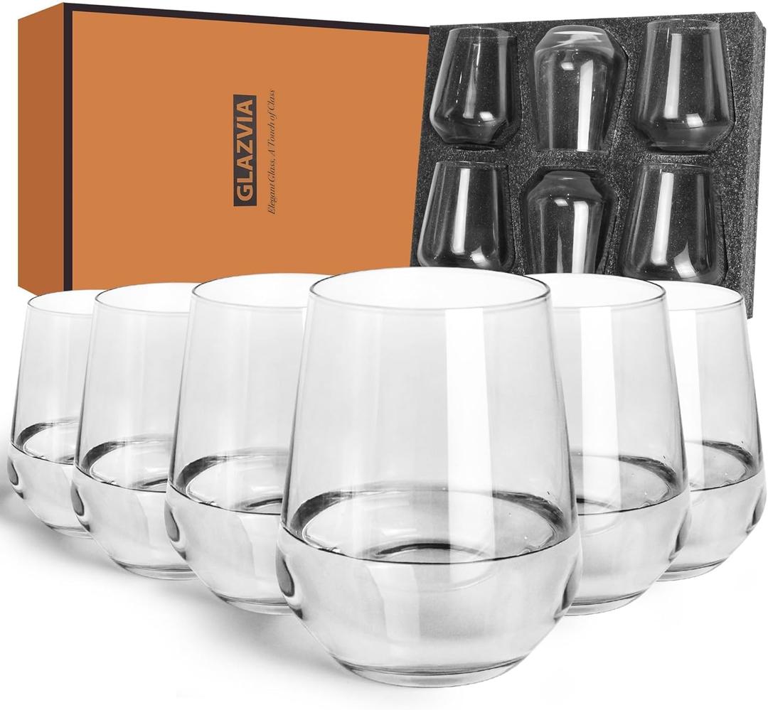 Stemless Glasses Set of 6, 15oz Clear Drinking Glassware Dishwasher Safe, Glass Tumblers for Red or White, Gift for Party, Holiday, Anniversary, Restaurant, Home Bar, Daily Use, Crystal 