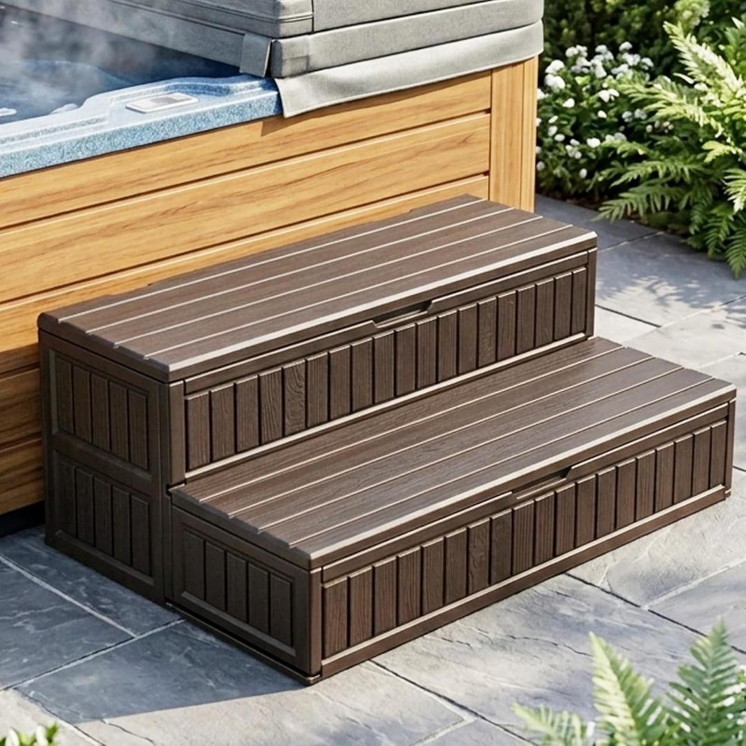 Hot Tub Steps with Storage Extra Wide, 2-Step Spa Stairs Non-Slip Heavy Duty 500 lbs, Easy Assembly, Slip-Resistant, Universal for Hot Tub, RV, Camper, Pool Deck & Bath Fits Any Size, Brown