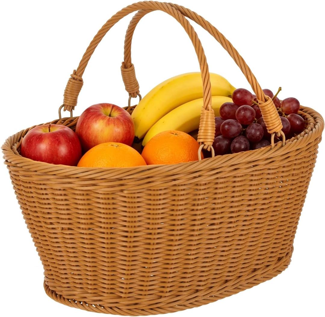 Wicker Picnic Basket with Handles, 16 x 12 x 7 in Hand Woven Washable PP Rattan Storage Basket, Portable for Easter, Shopping, Fruit, Vegetable, Bread, Garden Harvest, Camping, Brown