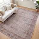 Kuden 6x9 Area Rug, Machine Washable Area Rug with Non-Slip Backing, Vintage Style, Soft, Easy Clean, Low Pile Rug for Living Room, Bedroom, Dining Room (Beige / Red)