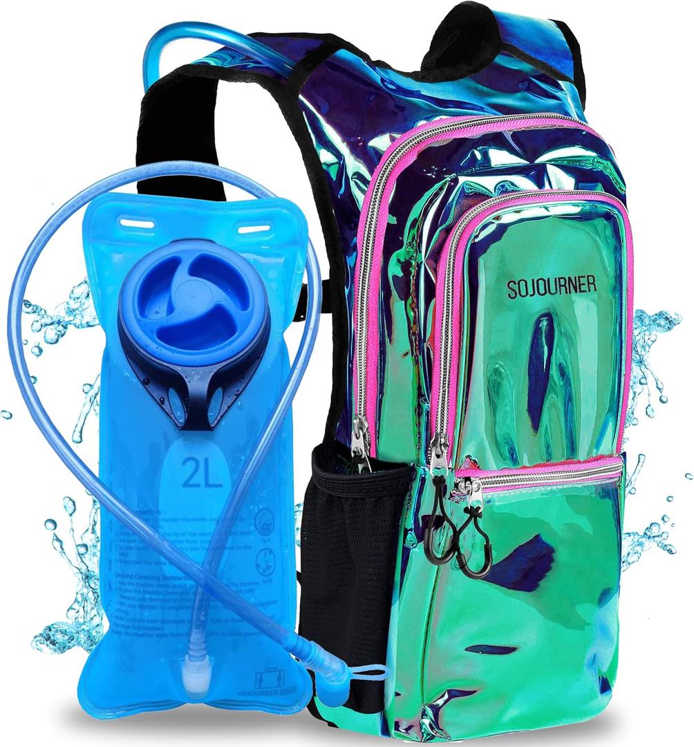 Sojourner Hydration Pack, Hydration Backpack - Water Backpack with 2l Hydration Bladder, Festival Essential - Rave Hydration Pack Hydropack Hydro for Hiking, Running, Biking, Festival Gear (Laser Holographic - Purple)