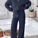Aleumdr Women's 2 Piece Outfits Sweatsuit Fleece Zip Up Long Sleeve Sweatshirt with Wide Leg Sweatpants Lounge Set, Black, Large
