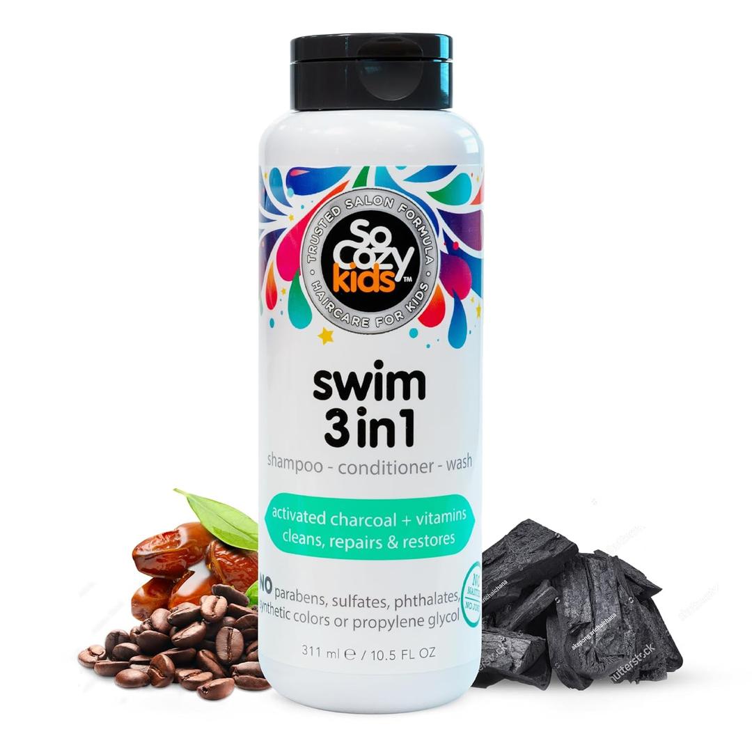 SoCozy Kids Swim 3-in-1 Shampoo, Conditioner & Body Wash - 3-in-1 Combo Pool Shampoo & Conditioner for Swimmers - Salt & Chlorine Removing Activated Charcoal
