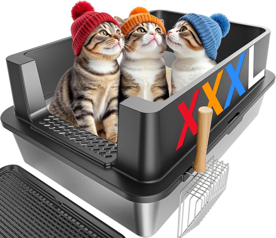Stainless Steel Litter Box - 28" Extra Large XXXL Cat Litter Box with High Sides, Non-Sticky & Anti-Leakage for Big Cats/Multiple Cats, Includes Heavy Duty Metal Scoop (Black)