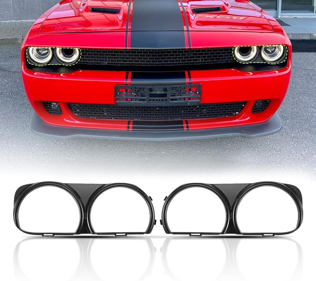 Front Headlight Bezel Covers 2PCS, Matte Black Left & Right Headlight Trim, Fit for Dodge Challenger 2015 2016 2017 2018 2019 2020 2021 2022 2023, Replace 68259053AB / 68259052AB