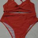 ZAFUL Twist High Waisted Bikini for Women Spaghetti Wide Strap Bathing Suit Ruched Bikini Swimsuits Tummy Control Swimwear Brick Red L