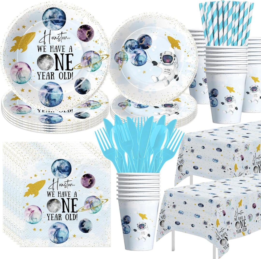 Outer Space First Birthday Party Supplies, Space 1st Birthday Decorations Tableware, Paper Plate, Cup, Napkin, Tablecloth, Cutlery, Houston We Have a One-Year-Old Party Supplies | Serve 24