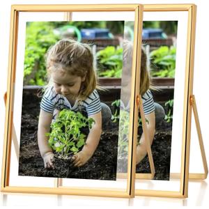 Fixwal Floating Picture Frame Set of 2, 5 x 7 Tempered Glass Frame for Tabletop Display, Gold Metal Display Frame, for Multi Size Photo Including 4 x 6,3 x 5