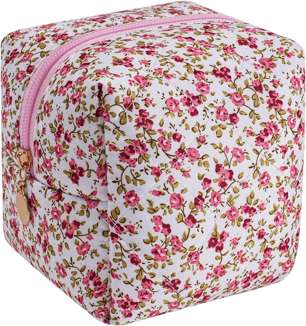Cube Cosmetic Makeup Bag Small Cotton Quilted Makeup Pouch for Purse Cute Floral Travel Toiletry Zipper Pouch (Red Floral)