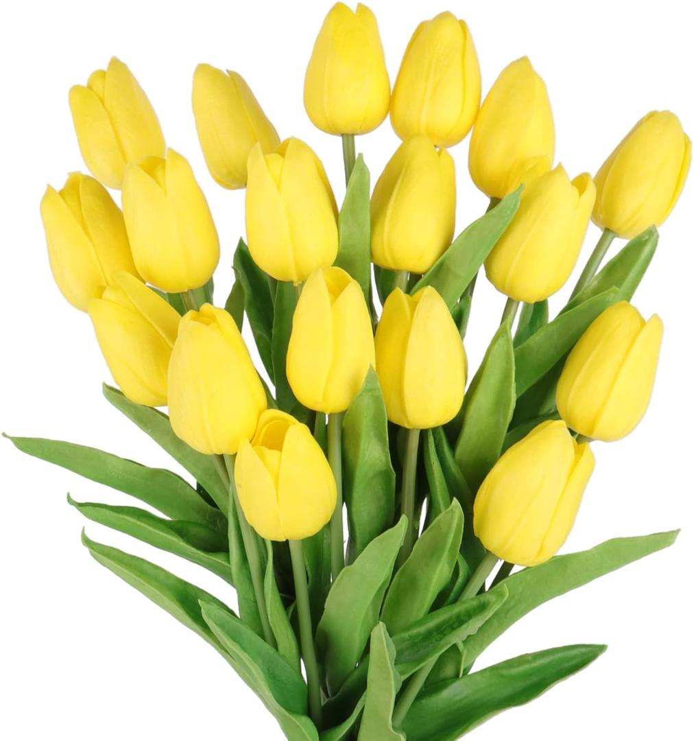 Beferr Tulips Artificial Flowers 18Pcs Faux Tulip Real Touch Tulip Fake Flowers Bouquets Arrangements for Mothers Day Spring Easter Home Wedding Table Decor Yellow