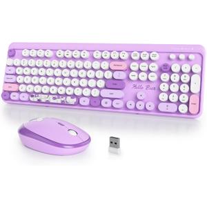 Typewriter Wireless Keyboard and Mouse Combo,2.4G Office 104 Keys Full Size Retro Punk Keyboard,Cute Purple Keyboard with Round Keycaps for Laptop PC Desktops(Bear Purple)