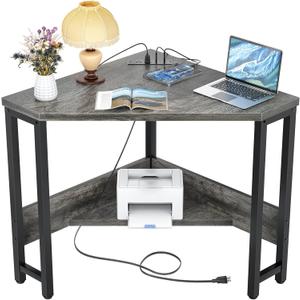 Armocity Corner Desk Small Desk with Outlets Corner Table for Small Space, Computer Desk with USB Ports Triangle Desk with Storage for Home Office, Workstation, Living Room, Bedroom, Oak