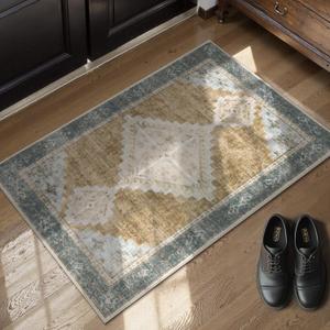 Beeiva Entry Way Rugs Indoor, 2x3 Small Area Rug Non Slip for Entryway, Vintage Medallion Door Mat Indoor Entrance Ultra Thin Carpet for Entrance Kitchen Beside Bathroom Decor (Camel,2'x3')
