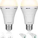 2 Pack Rechargeable Emergency Light Bulbs,Battery Operated Light Bulb for Power Outage Hurricane Camping 9W E27 3000K Warm 1200mAh Battery Backup Soft Light Bulbs for Lamps,Battery Led Bulb