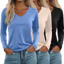 Ficerd 3 Pack Women's Long Sleeve T Shirts, V Neck Basic Tops Fall Casual Trendy Tees Loose Fit Soft Clothes Outfits (Medium, Black, Cream, Blue)