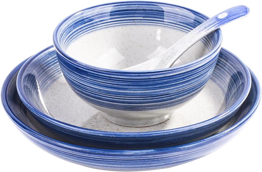 4-Piece Blue Ceramic Dinnerware Set, Plate, Dish, Bowl, Spoon, Japanese Hand-painted Tableware set, A Good Tableware (BS)