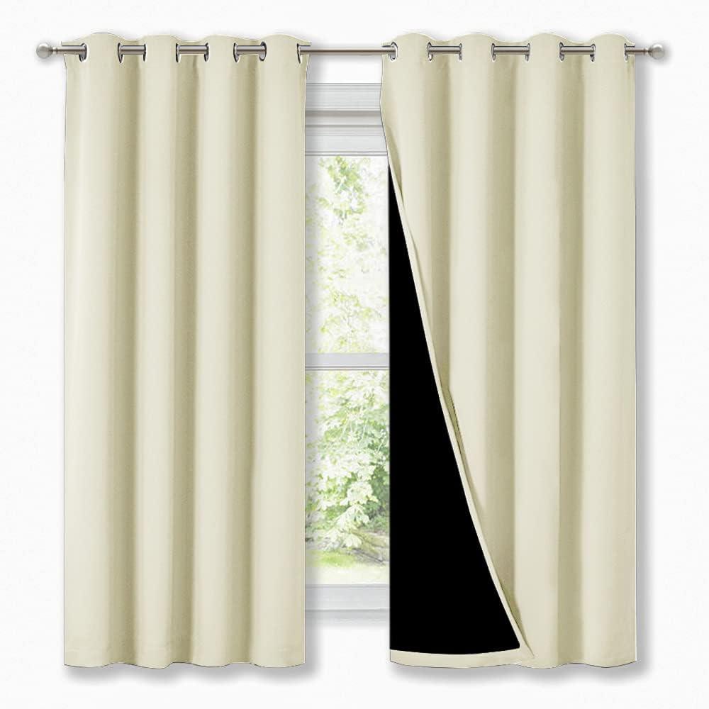 NICETOWN Cold Blocking Curtains, Bedroom Full Blackout Panels, Super Thick Insulated Window Covers, Complete Blackout Draperies with Black Liner for Short Window (Beige, Set of 2, 52 by 63-inch)