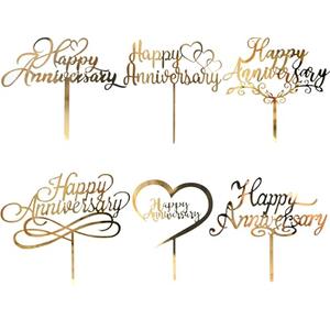 6 Pcs Happy Anniversary Cake Topper Gold Acrylic Cake Topper, Happy Anniversary Cake Sign, Wedding Cake Decorations Party Supplies
