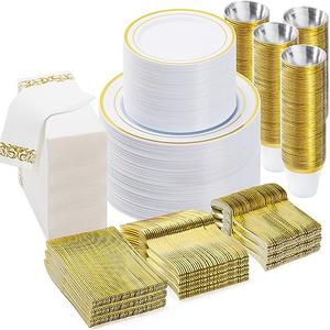 BESTVIP 700 PCS Gold Dinnerware Set for 100 Guests, Plastic Dinnerware Set for Party, Christmas, Halloween, Include: 200 Plastic Plates, 100 Gold Silverware, 100 Cups, 100 Paper Napkins
