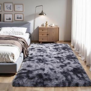 KICHOWUA Thick Area Rug Dark Grey Fluffy 4x6 for Bedroom Living Room Washable Plush Rug for Kids Baby Nursery Soft Shag Non Slip Comfy Shaggy Rugs for Dorm Fuzzy Floor Carpet, Tie-Dye Gray